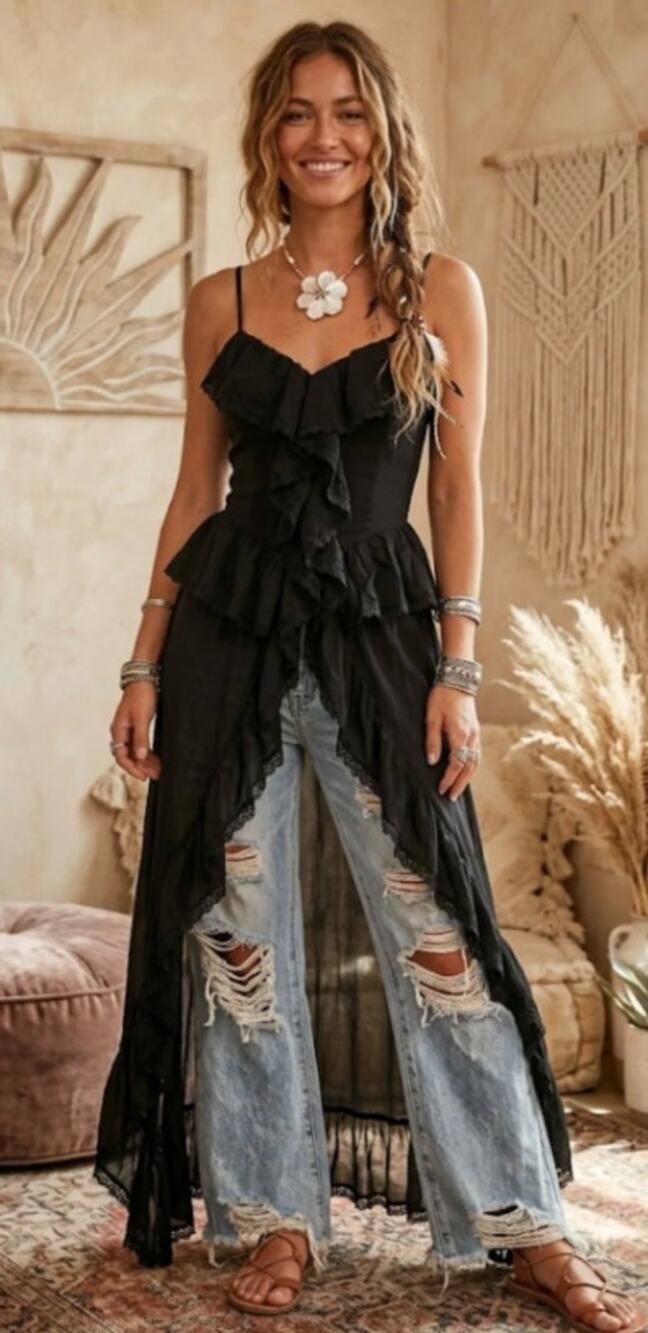 Pastel Black Ruffle Duster Tunic Blouse Button Front Asym Hem Size L Romantic